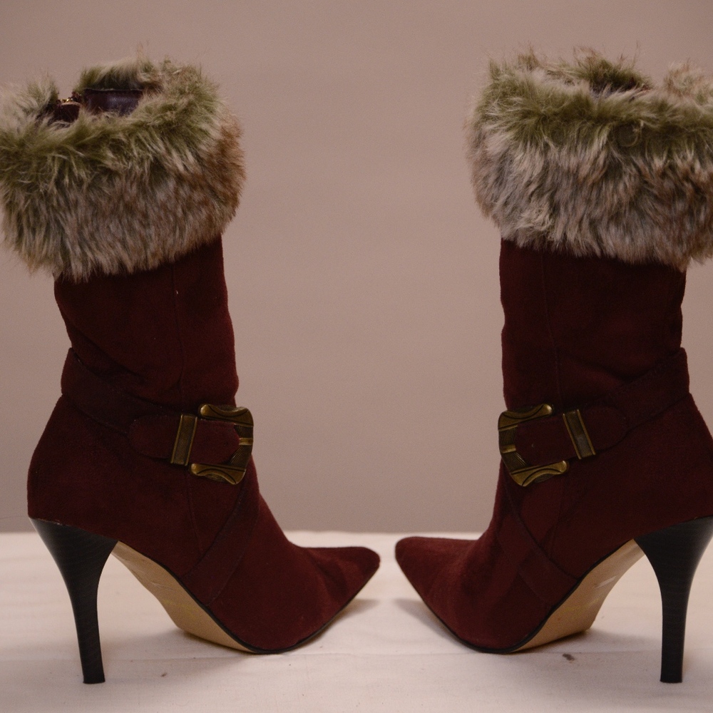 Burgundy faux fur trim, faux suede ankle boots